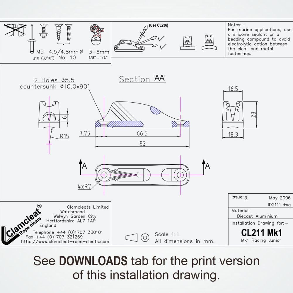CL211MK1 Aluminium Cleat For 3 - 6mm (1/8-1/4 CL211MK1 Aluminium Cleat For 3 - 6mm (1/8-1/4