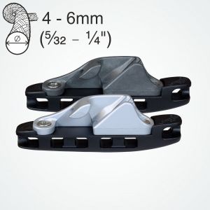  Clamcleat® CL827-18 Aero cleat, for 4-6mm ropes, is fitted with a CL218 Mk1 Side-entry Racing Junior (Port) cleat.