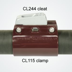 Photo of CL115 clamp holding a Clamcleat® CL244 on boom tube